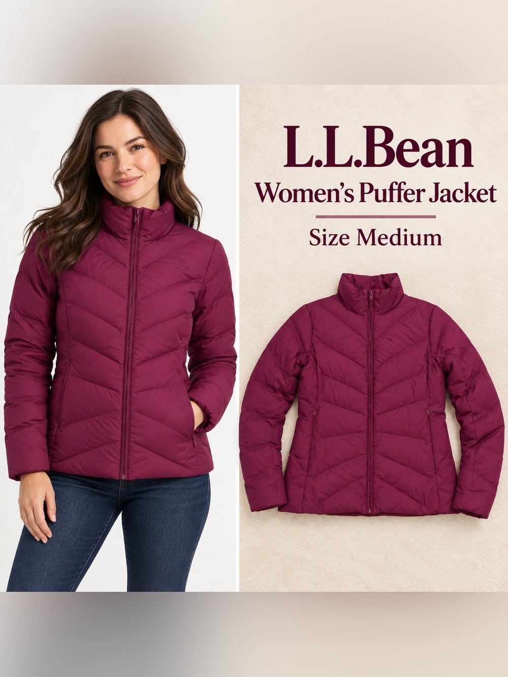 L.L.Bean Women’s Quilted Puffer Jacket Size Medium Plum Burgundy Full Zip